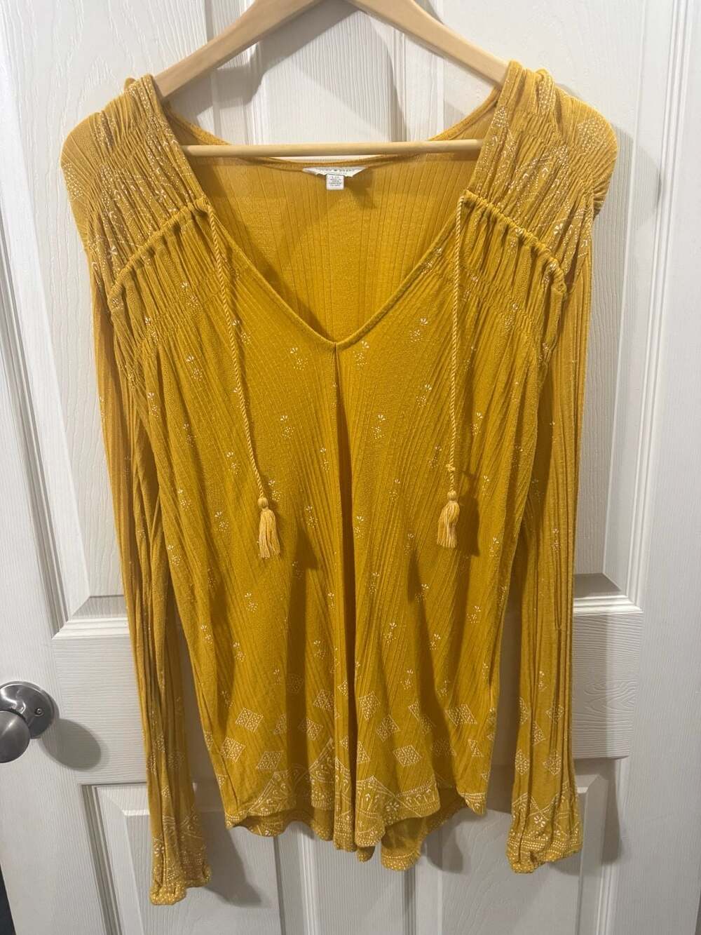 Lucky Brand Marigold Yellow Long Sleeve Tassel Top Size L